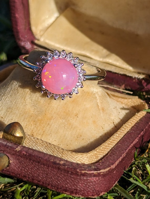Stunning Natural Pink Opal Halo Engagement Statem… - image 4