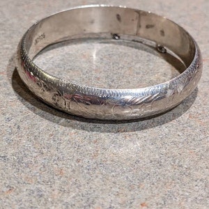 Vintage Floral Etched Sterling Silver Bangle Bracelet, Large Size