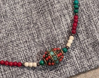 Vintage Genuine Coral & Agate 14K Gold Silver Handmade Necklace