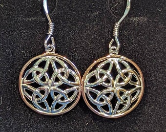 Estate Irish Celtic Irish Trinity Triquetra Drop Dangle Earrings Rose Gold Trim, Love & Eternity