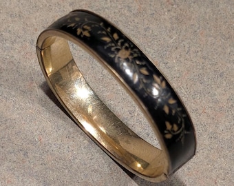 Victorian Mourning Hand Detailed Black Enameling with Gold Floral Forget Me Not Arrangement Bangle Cuff Mourning Bracelet