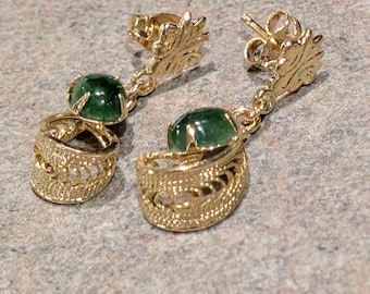 Vintage Genuine Jade Filigree Detailed Drop Dangle Yellow Gold Earrings