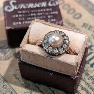 Charnier of France Antique Pearl & Diamond Paste Halo Anniversary Statement Ring in Box