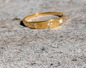 Starburst Genuine Trilogy Diamond 14K Yellow Gold Wedding Band, April Birthstone, Stacker Ring, Unisex