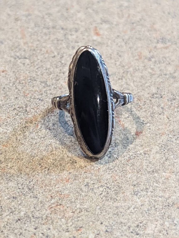 Antique Estate Elongated Black Onyx Statement Ring - image 3