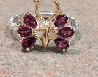Beautiful Vintage Rhodolite Garnet Butterfly Two Toned Birthstone Statement Ring