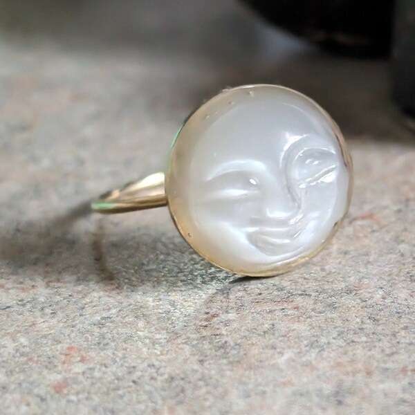 Treasured Man in the Moon Carved Natural Moonstone Engagement Statement Ring, Unique
