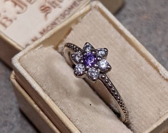 Vintage Retired Pandora Brand Amethyst Flower Beaded Shank Statement Ring