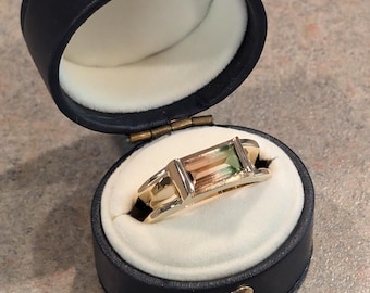Watermelon Tourmaline Semi Bezel Tension Yellow Gold Statement Ring