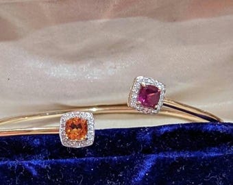 Natural Orange Spessartine & Raspberry Rhodilite Garnet with Diamond Halo Yellow Gold Cuff Bracelet Bracelet