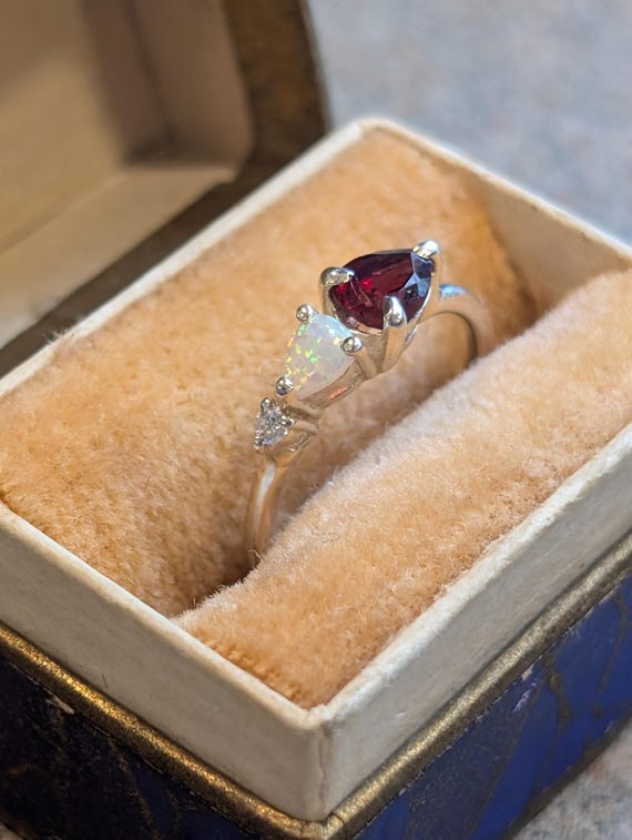 Modern Unique Pear Cut Ruby & Opal Accent Linear … - image 1