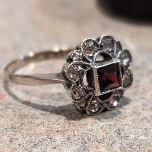 Pu&ograve; includere: Un anello color argento con una pietra preziosa centrale rosso scuro a taglio quadrato, circondata da un alone floreale di piccole pietre chiare a taglio rotondo. La fascia in metallo &egrave; liscia e si assottiglia verso l'ornata montatura.