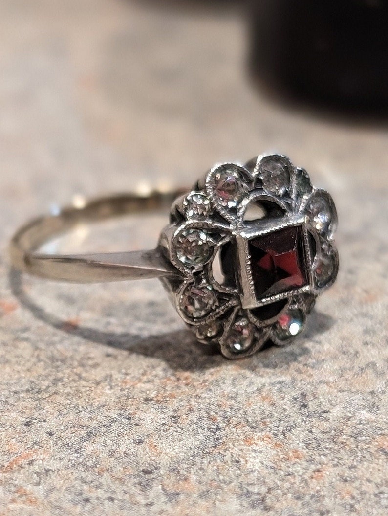 Pu&ograve; includere: Un anello color argento con una pietra preziosa centrale rosso scuro a taglio quadrato, circondata da un alone floreale di piccole pietre chiare a taglio rotondo. La fascia in metallo &egrave; liscia e si assottiglia verso l'ornata montatura.