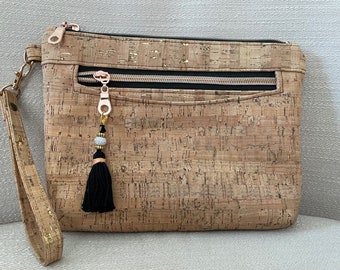 Cork Wristlet with Tassel, Tasseled Cork Wristlet, Tasseled Vegan Wristlet, Cork Multi-Pocket Wristlet, Natural Cork Clutch, Cork Purse