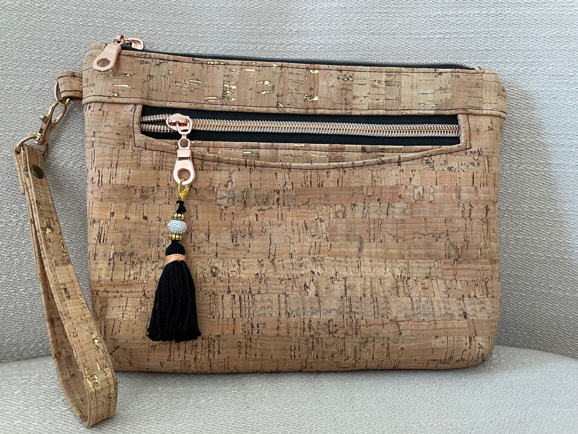 Cork Simple Wristlet in 2 Sizes | Black Floral Print  Cork Satchel with wristlet display picture 1