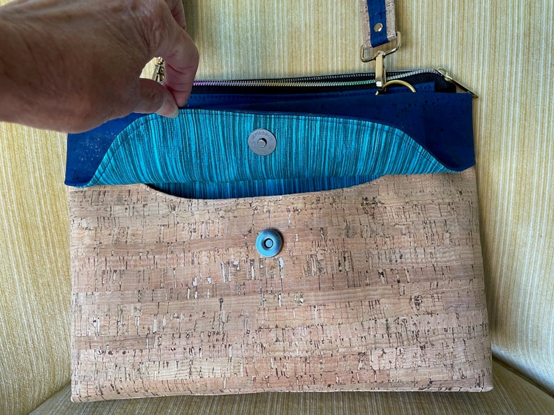 Multi-Pocket Cork Crossbody Bag, Crossbody Cork Bag with Removable Strap, Cobalt Blue Cork Shoulder Bag, Vegan Friendly Cork Crossbody Bag image 4