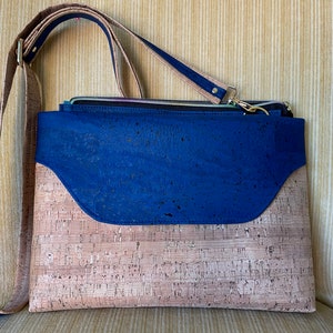 Multi-Pocket Cork Crossbody Bag, Crossbody Cork Bag with Removable Strap, Cobalt Blue Cork Shoulder Bag, Vegan Friendly Cork Crossbody Bag image 1