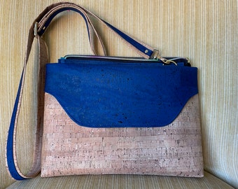 Multi-Pocket Cork Crossbody Bag, Crossbody Cork Bag with Removable Strap, Cobalt Blue Cork Shoulder Bag, Vegan Friendly Cork Crossbody Bag