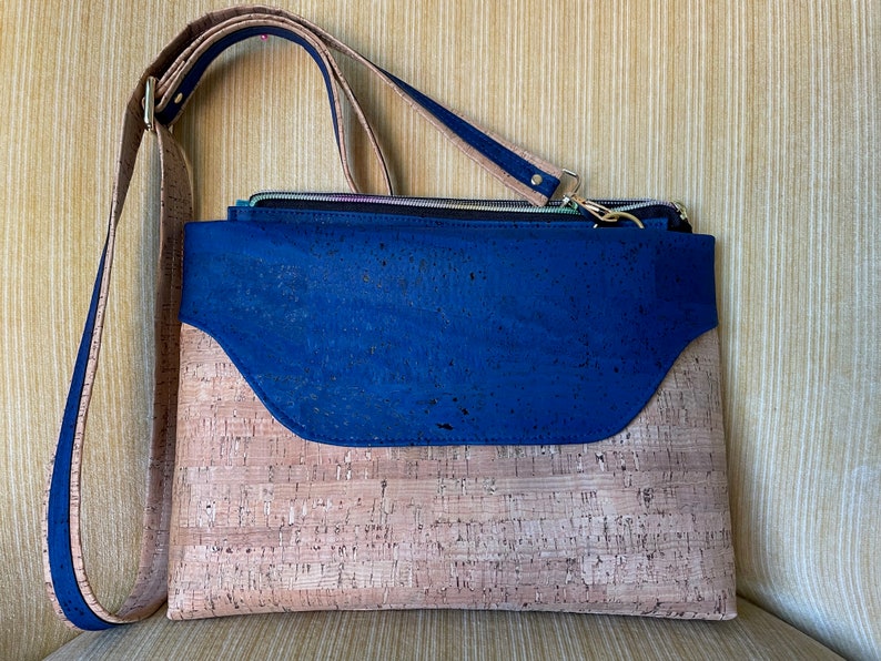 Multi-Pocket Cork Crossbody Bag, Crossbody Cork Bag with Removable Strap, Cobalt Blue Cork Shoulder Bag, Vegan Friendly Cork Crossbody Bag image 1