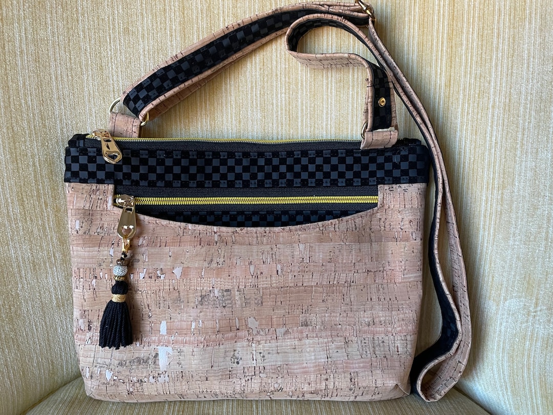 Cork and Vinyl Crossbody Purse, Black and Beige Cork Crossbody Bag, Tasseled Cork Shoulder Bag
