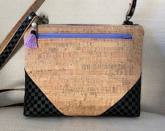 Cork and Vinyl Crossbody Bag, Cork and Vinyl Shoulder Bag, Zipper Top Crossbody Bag, Vegan Cork Crossbody Bag, Vegan Cork Clutch, Lined Bag