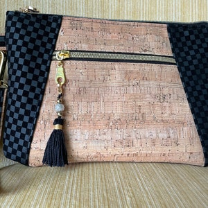 Pulsera de vinilo y corcho, bolso de vinilo y corcho negro, bolso de corcho y vinilo para veganos, embrague de vinilo y corcho negro, bolso de corcho,