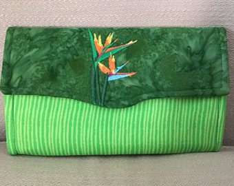 Embroidered Bird of Paradise Wallet, Embroidered Bird of Paradise and Jade Batik Wallet, Embroidered Tropical Wallet, Tropical Wallet