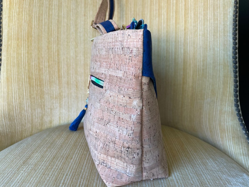 Multi-Pocket Cork Crossbody Bag, Crossbody Cork Bag with Removable Strap, Cobalt Blue Cork Shoulder Bag, Vegan Friendly Cork Crossbody Bag image 3