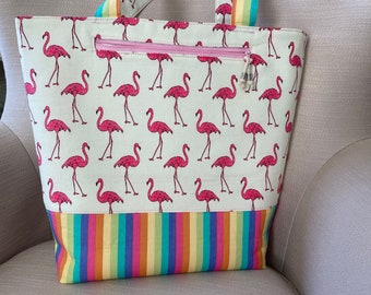 Pink Flamingo Beach Bag, Candy Stripe and Pink Flamingo Beach Bag, Large Beach Bag, Multi-Pocket Beach Bag, Vinyl Pocket Beach Bag