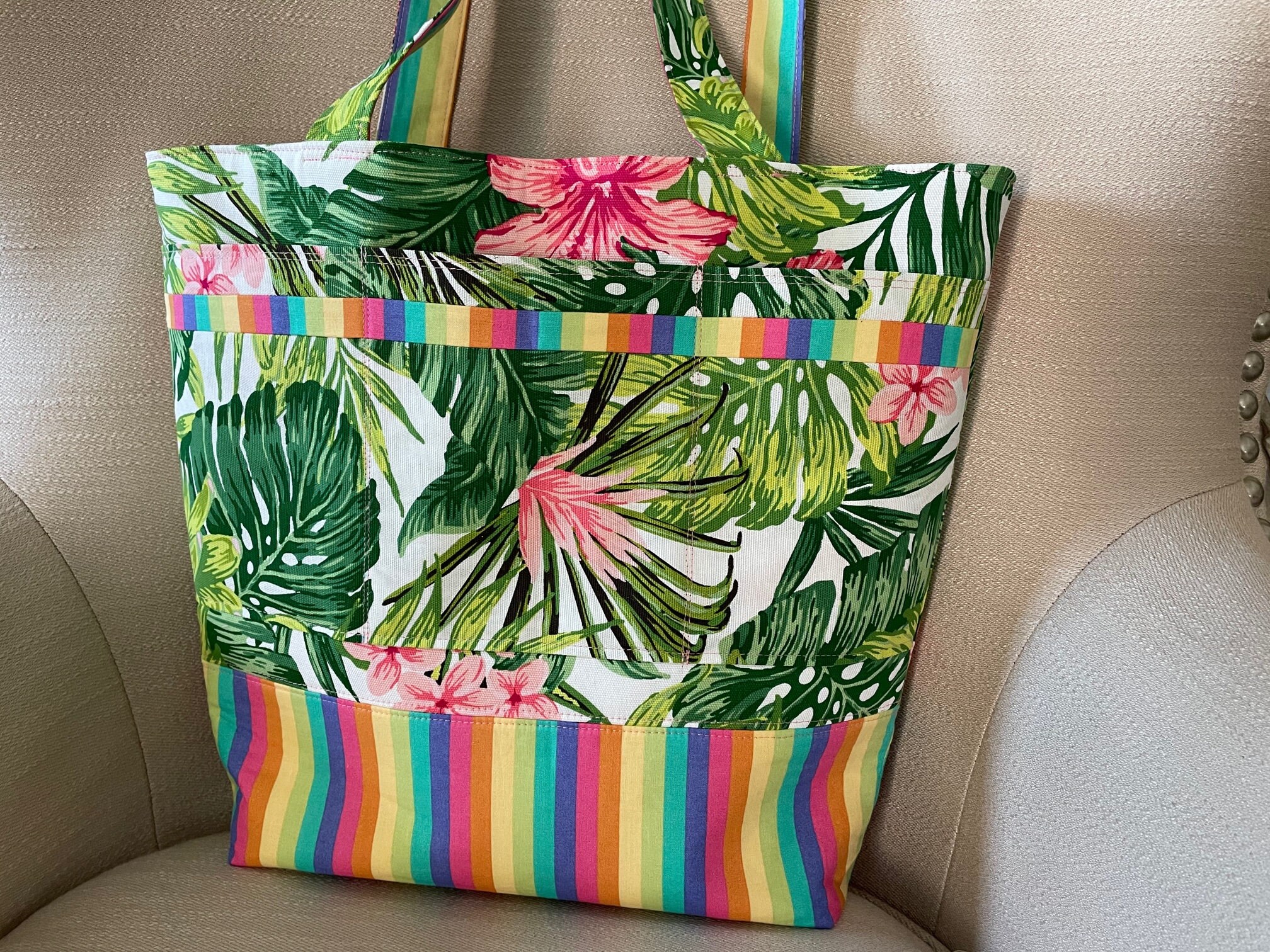 Beach Bag, Cabanawear, Floral Beach Bag, Beach Tote, Pink and Green