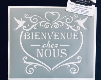 Pochoir Adhésif PVC Réutilisable 25 x 20 cm Cœur vintage Bienvenue chez nous, Oiseaux & Arabesques
