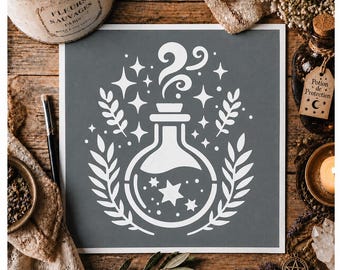 May include: A square grey stencil featuring a white graphic of a potion bottle with swirling steam, surrounded by stars and leafy branches. The bottle contains star shapes and dots, with a clear, bold design suitable for crafting and art projects.