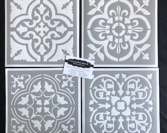 Set of 4 Stencils Reusable PVC Adhesives 20 x 20 cm Earthenware vintage cement tiles
