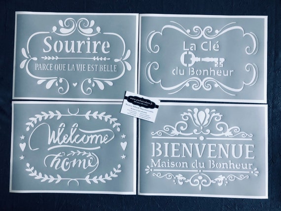 Set of 4 Reusable PVC Adhesive Stencils 30 X 20 Cm Each. Theme Welcome,  Happiness, Smile, Welcome 