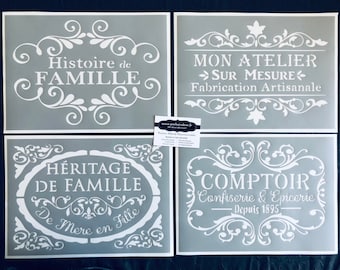 Set of 4 Stencils Reusable PVC Adhesives 30 x 20 cm each. Family/Workshop Theme