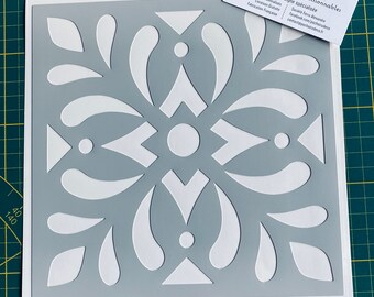 Stencil Adhesive PVC Reusable 20 x 20 cm Earthenware cement tile Triangles and arabesques