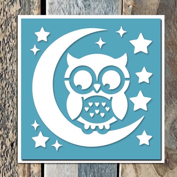 Pochoir Adhésif PVC 20 x 20 cm Silhouette Hibou, Lune & Etoiles