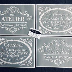 Set de 4 Plantillas Adhesivas de PVC Reutilizables de 30 x 20 cm cada una. Tema de alta costura vintage, taller, lavanda