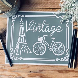 Eiffel Tower Bicycle Adhesive Stencil 25x20 cm – Vintage Paris Stencil, Chic Wall Decor, French Style, DIY Furniture, Retro Urban Motif