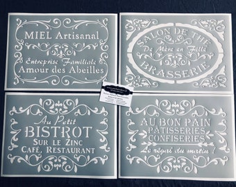 Set of 4 Reusable PVC Adhesive Stencils 30 x 20 cm each. Bistro theme, kitchen, honey, tea room