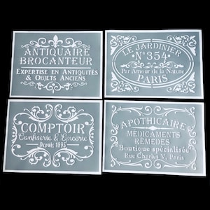 Set of 4 Reusable PVC Adhesive Stencils 30 x 20 cm each. Vintage theme Brocanteur, Gardener, grocery store, apothecary