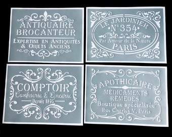 Set of 4 Reusable PVC Adhesive Stencils 30 x 20 cm each. Vintage theme Brocanteur, Gardener, grocery store, apothecary