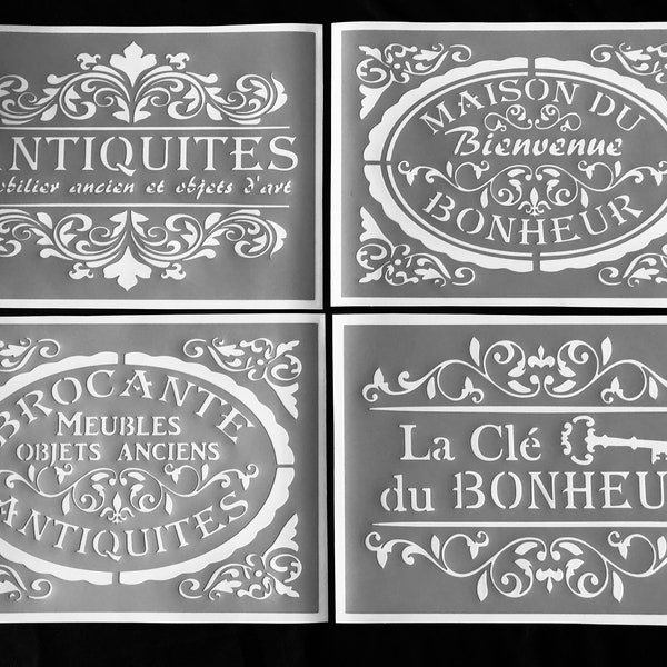 Set of 4 Reusable PVC Adhesive Stencils 30 x 20 cm each. Old vintage theme