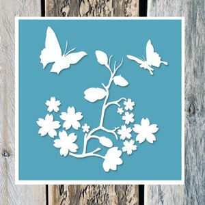 Reusable PVC Adhesive Stencil 20 x 20 cm Cherry blossoms and butterflies