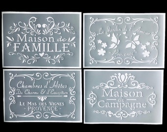Ensemble de 4 Pochoirs Adhésifs PVC Réutilisables 30 x 20 cm chacun. Thème vintage Famille, Campagne, Amour