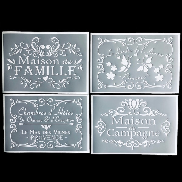 Ensemble de 4 Pochoirs Adhésifs PVC Réutilisables 30 x 20 cm chacun. Thème vintage Famille, Campagne, Amour