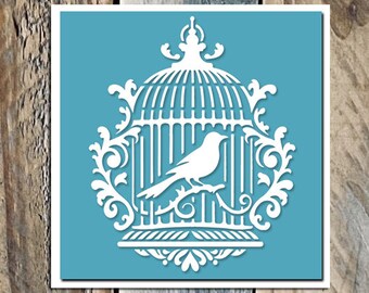 Reusable PVC Adhesive Stencil 25 x 20 cm Stylized Bird Cage