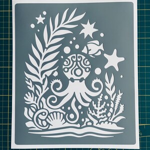 Återanvändbar PVC självhäftande schablon 25 x 20 cm Bläckfisk, Sjögräs & Sjöstjärna, Havsschablon