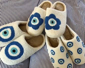 Evil Eye Slippers • Evil Eye Flower • Small Evil Eyes • Rubber Sole • Evil Eye • Protection Slippers • Winter Slippers • House Slippers