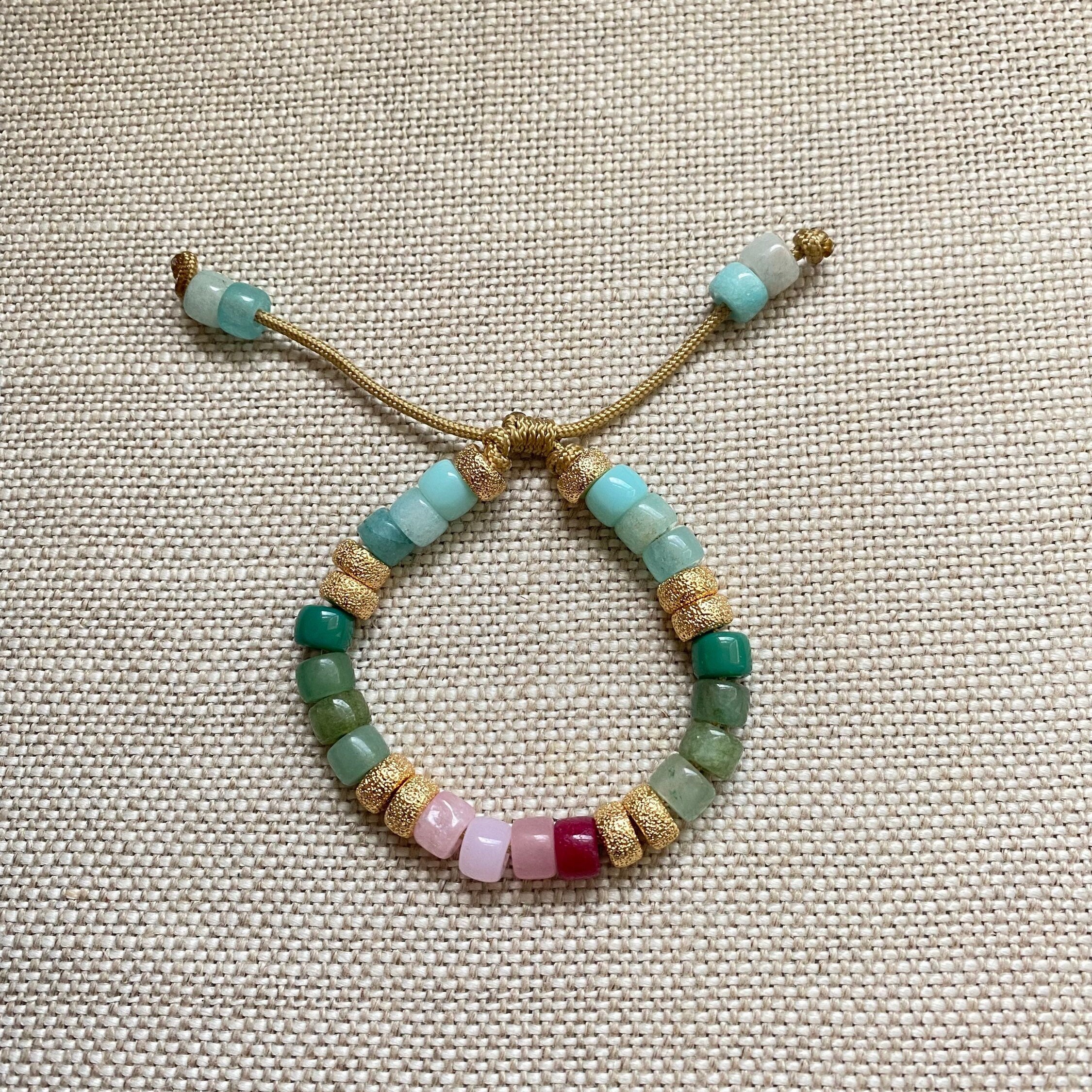 The Breakers • Gemstone Beaded Bracelet with Gold Stardust Spacers • Lurex  Cord • Adjustable